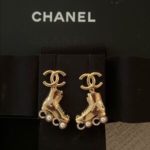 CHANEL Gold Roller Blade Boot Pearl Spells out COCO, interlocking CC Earrings